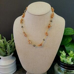 Sunstone Chip Beaded Necklace Peach Orange Silver Tone Boho 17in